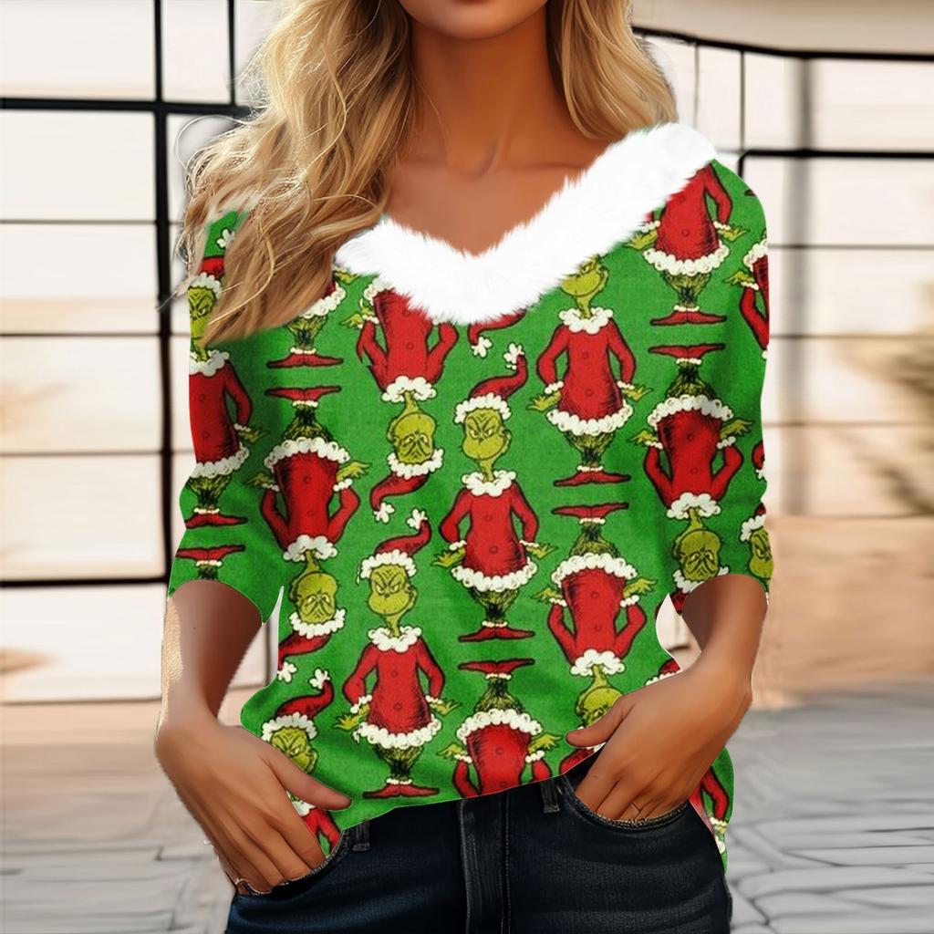 Women's T Shirt Tee Christmas Shirt Long Sleeve Party Christmas Fleece Collar V Neck Top