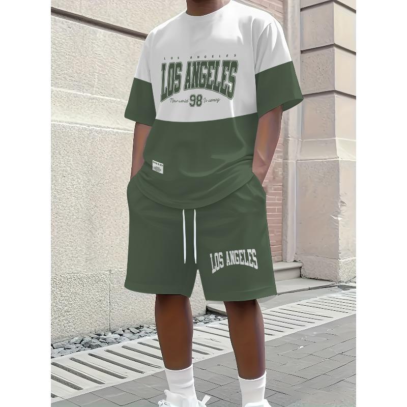 Men's Summer 2-Piece Outfit Floral Print Crew Neck T-shirt + Drawstring Shorts