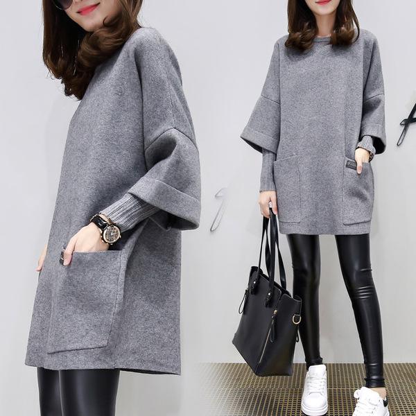 Женское пальто большого размера в стиле пэчворк с длинным рукавом - Осенний тренд, Свободный крой, Круглый вырез, Толстовка однотонной расцветки S серый