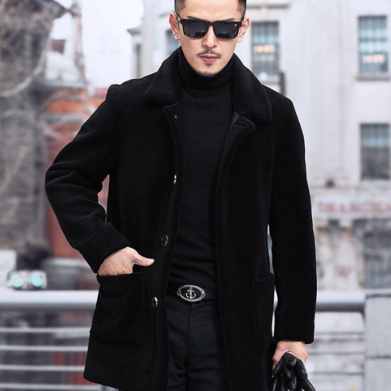 

Men s Lambswool-Lined Black Leather Short Jacket - Warm Lapel Outerwear for Autumn & Winter 2XL чорний