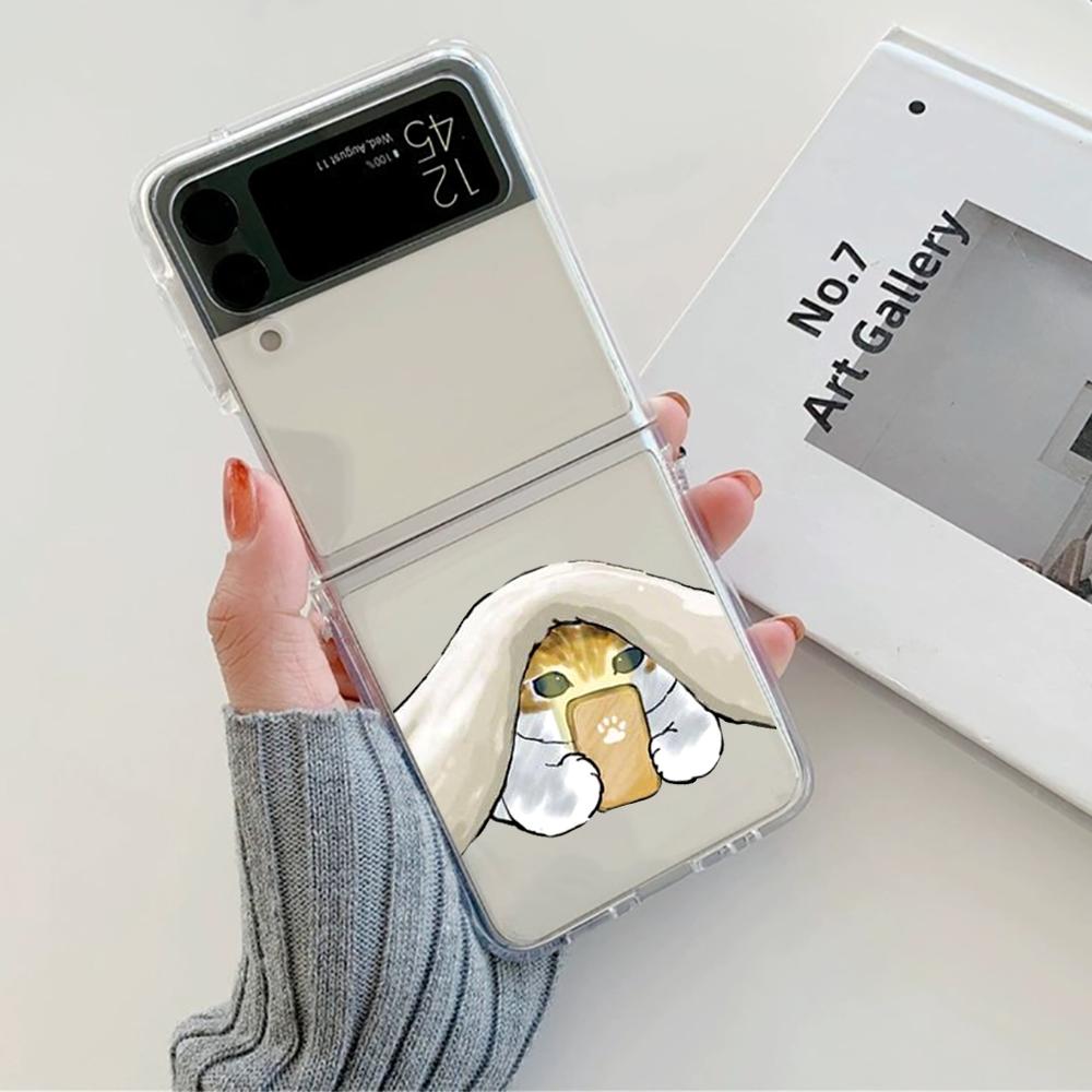 Cute Cartoon Cat Couple Phone Case For Samsung Galaxy Z Flip 6 ZFlip 5 Hard Transparent Cover for Samsung ZFlip 4 ZFlip3 ZFlip7