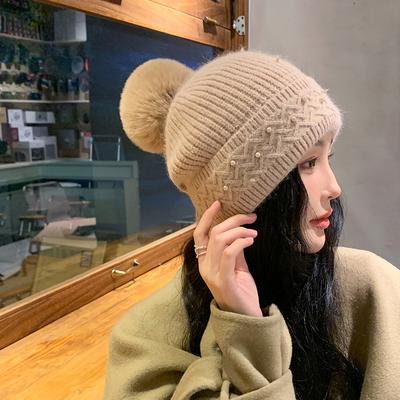Cappello pullover giapponese in pelo di coniglio lavorato a maglia tinta unita per donna Autunno Inverno Calore ispessito Protezione per le orecchie Cappello freddo in lana moda