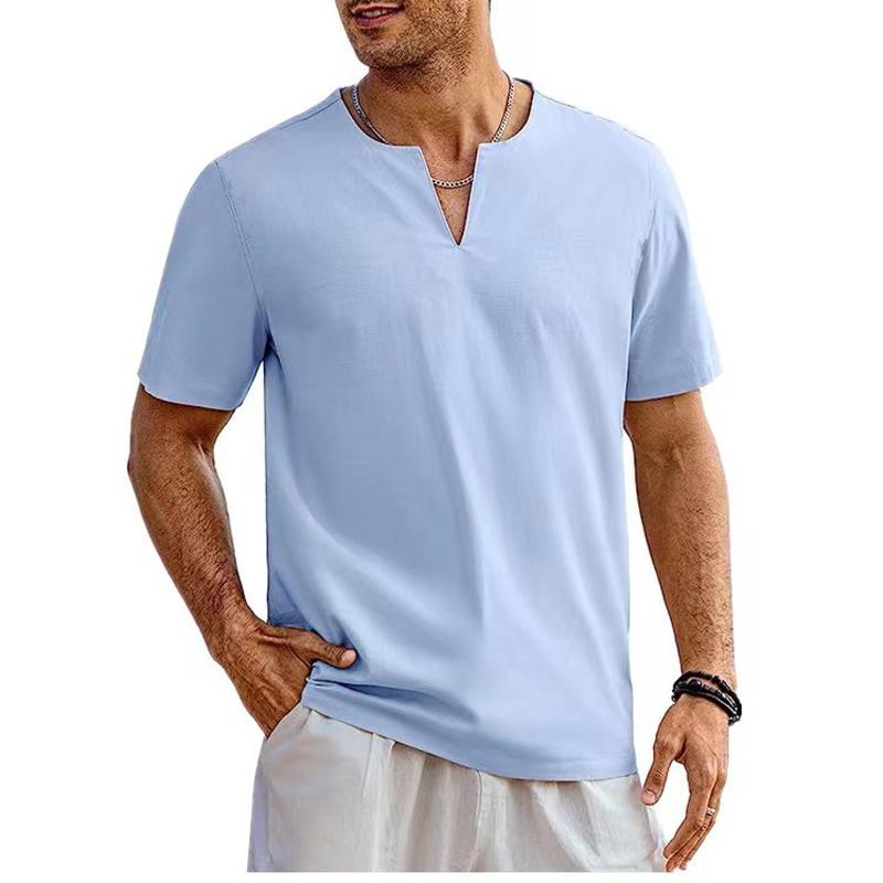 

Летняя новая свободная льняная футболка с короткими рукавами для мужчин, однотонные топы с V-образным вырезом, уличные блузки, мужская одежда, повседневные пляжные футболки XXXL
