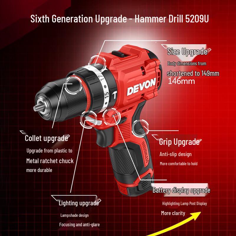 Trapano avvitatore a batteria senza spazzole 12V Devon spina CN (adattatore incluso)