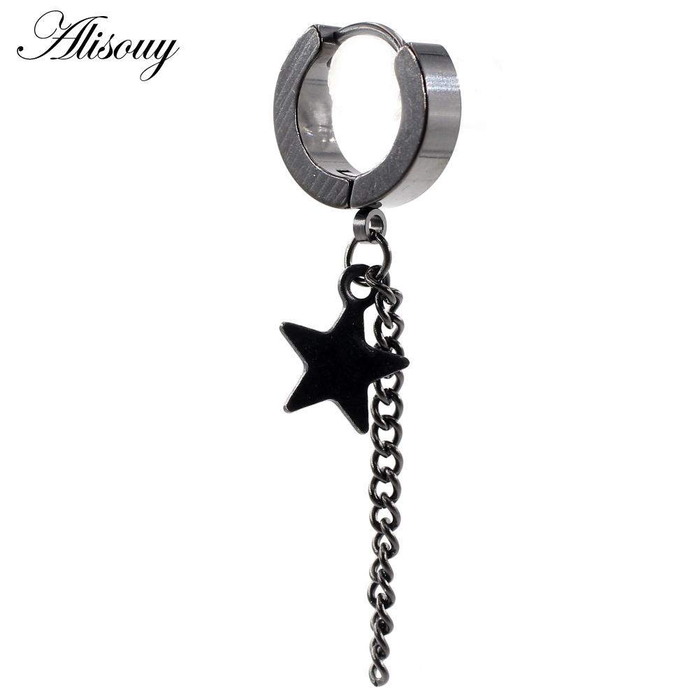 Alisouy 2PCS Stainless Steel Star Cross Snake Spike Skull Sword Blade Chain Feather Spider Dangle Women Men Huggie Hoop Earrings