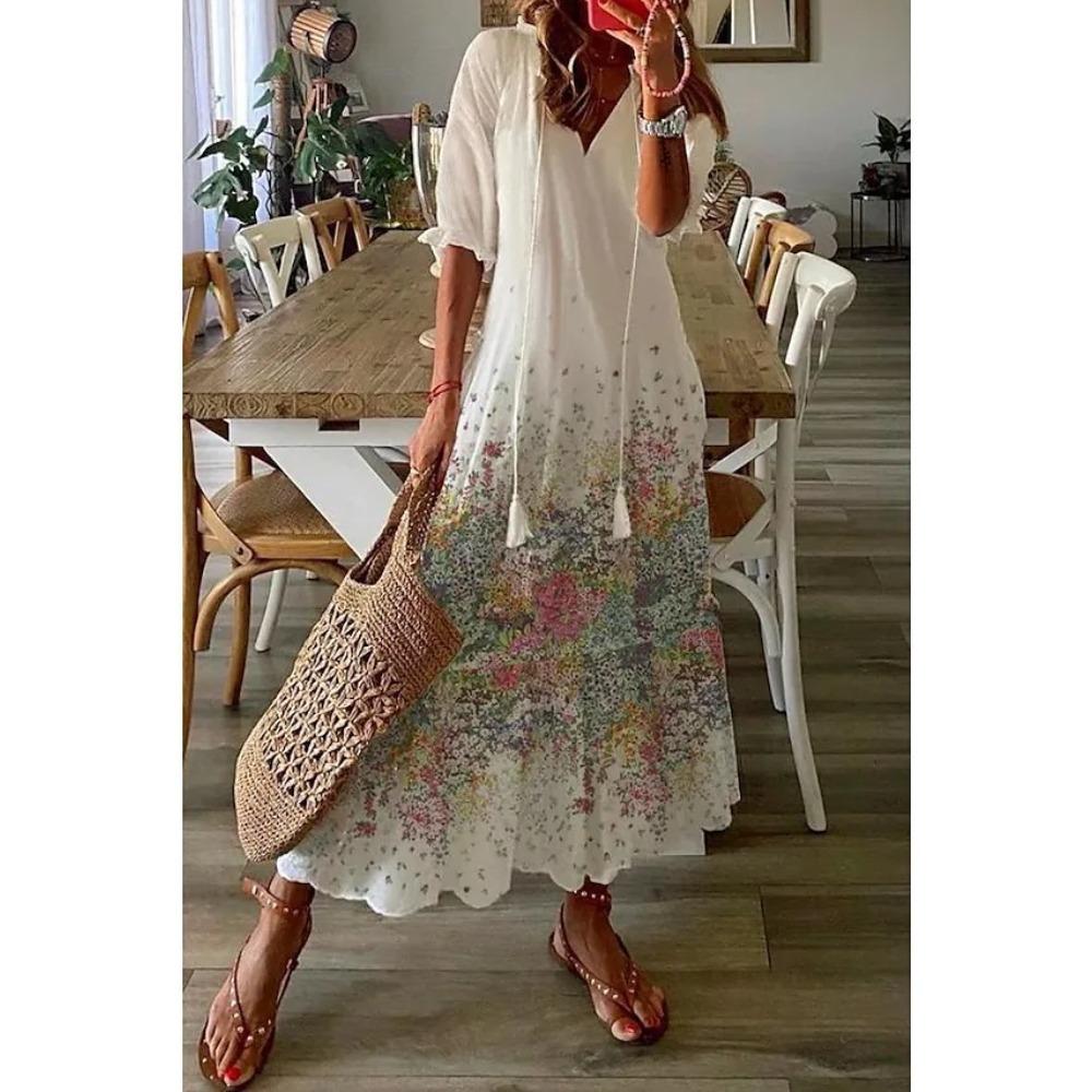 Women's V Neck Floral Print Short Sleeve Tassel Tie Loose Fit Maxi A-Line Dress