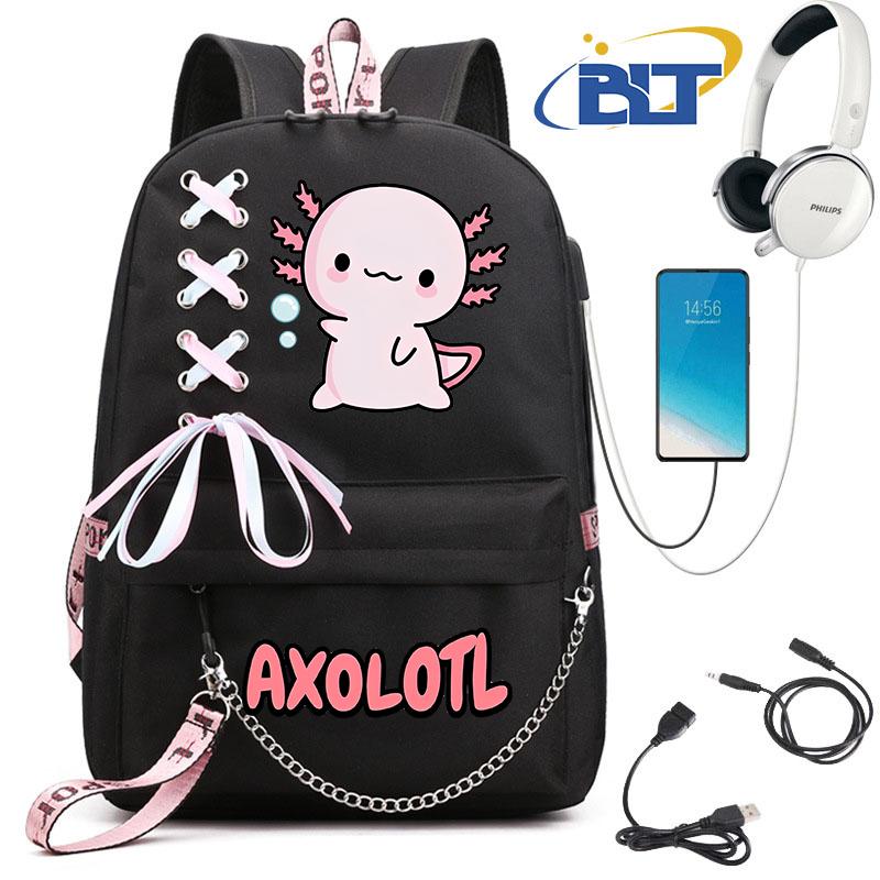 Cute Axolotl Printed Student Schoolbag for Girls Black Backpack Usb Kids Casual Bag Back To School Gift