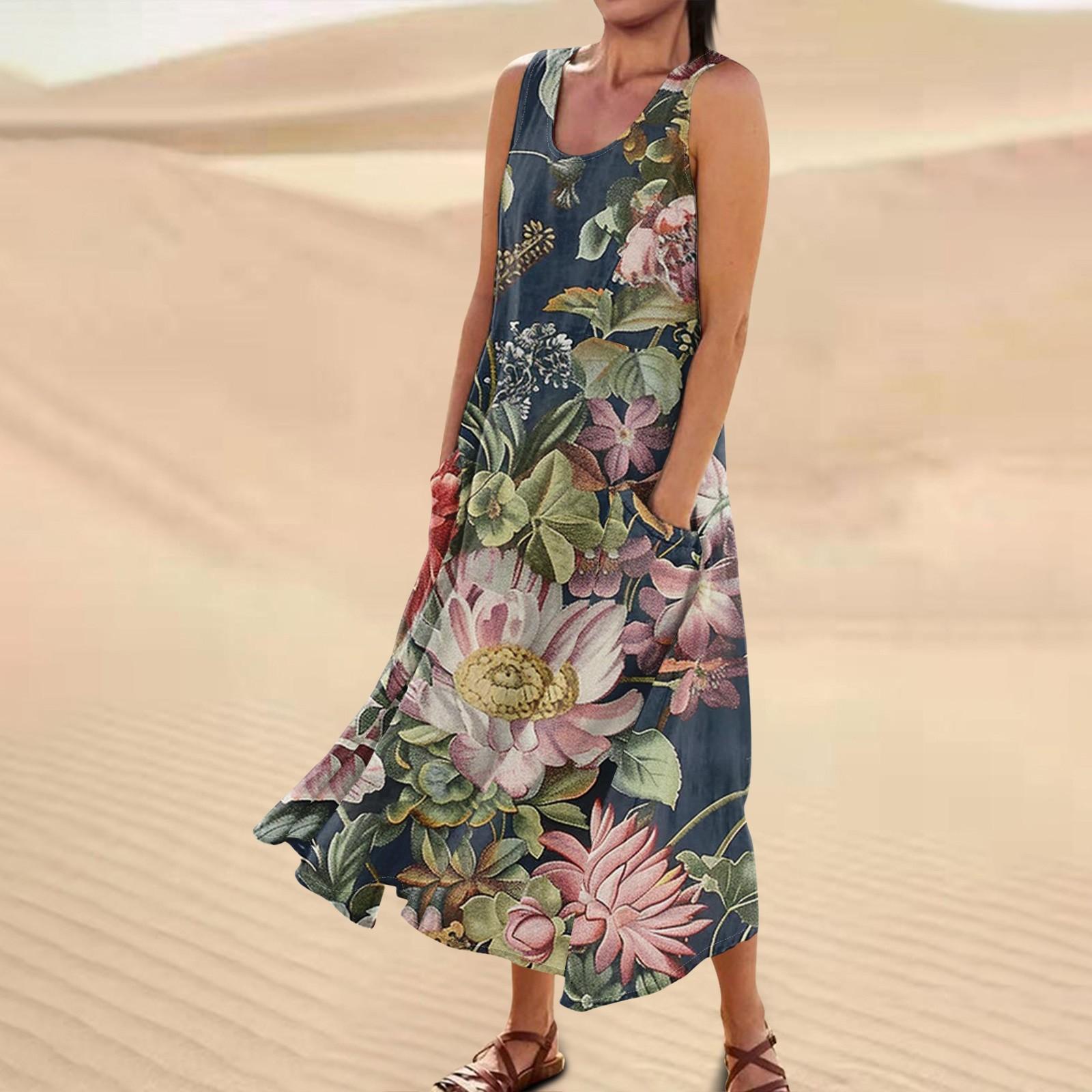 

Женское повседневное удобное хлопковое карманное платье без рукавов с цветочным принтом XXXXL