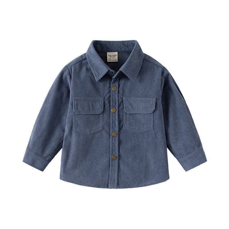 Kids Double Pocket Shirt Spring and Autumn Boys' Long Sleeves Corduroy Shirt Baby Boys' Polo Collar Solid Color Cardigan Top