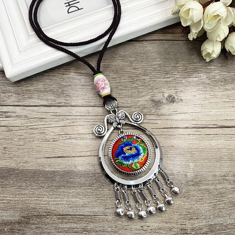 Retro Long Fashion Classical Embroidery Fringed Necklace Temperament Wind Chimes Pendant Miao Sweater Chain Accessories