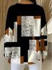 All-print plus size women's round neck buttoned waffle sweatshirt with geometric block print design