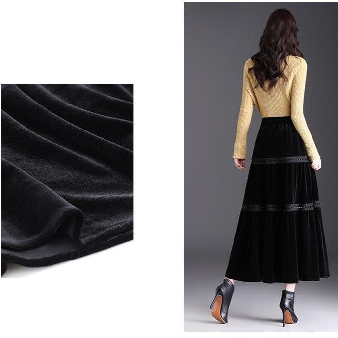 Autumn Winter Women's Velvet Plus Size Skirt High-Waist Cake Skirt Long A-Line Lace Skirt