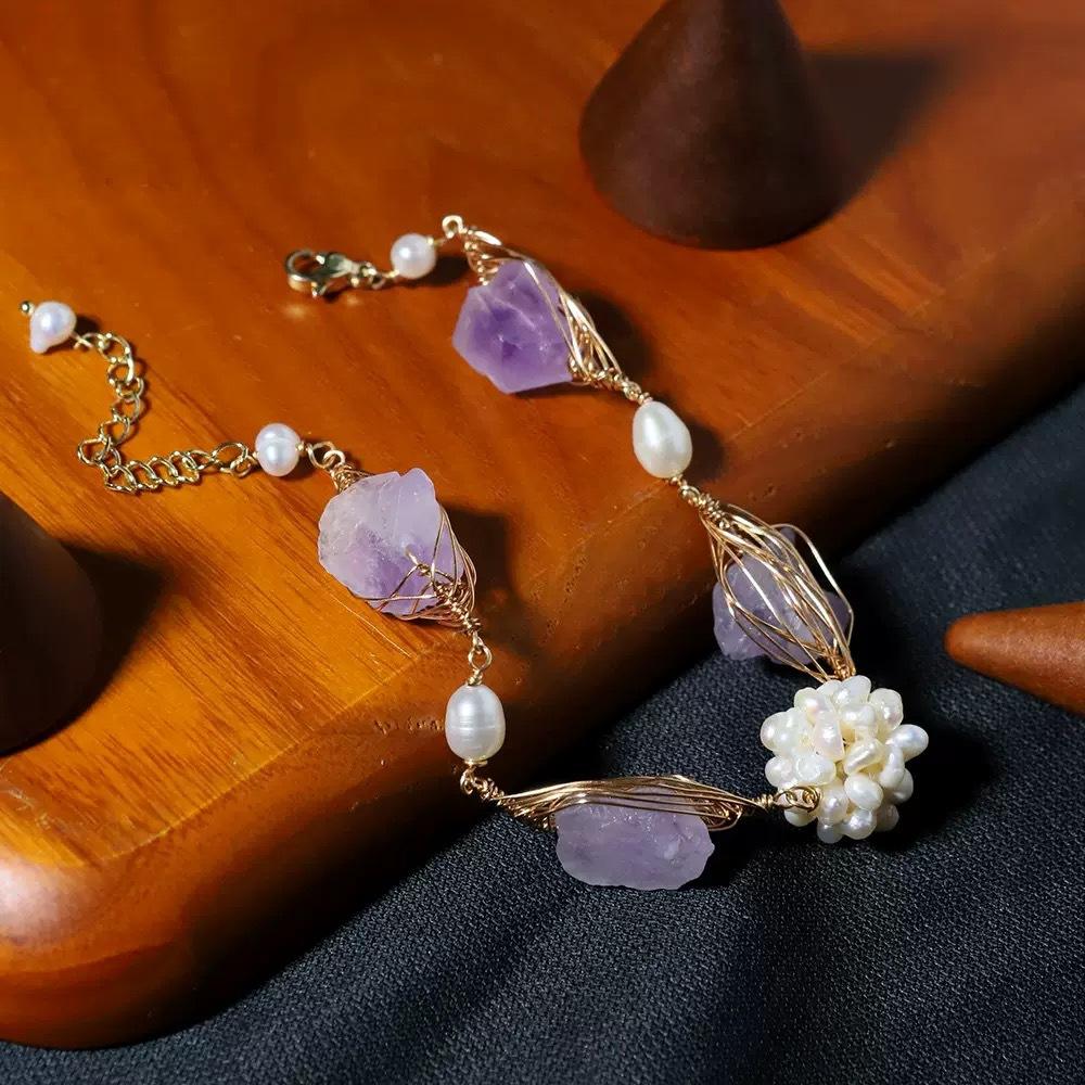 Handmade natural freshwater pearl ball purple crystal bracelet women's ins niche 11k gold bag design personalized jewelry