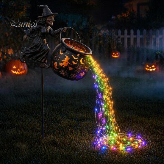 Outdoor Halloween Decorations Witch Cauldron Garden Light, Metal Yard Stake with LED String Pathway Lights Lights, Waterproof Pot Statue for Lawn Path