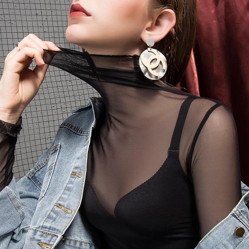 2023 Trendy Women's High Neck Black Mesh Lace Top - Stylish Korean Inner Layer