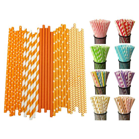 100Pcs Biodegradable Paper Straws Colorful Striped Print Food-Grade Safe Drinking Straws Party Supplies