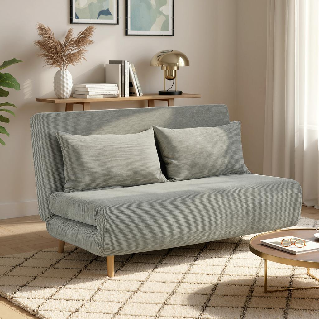 Double Sofa Bed with Adjustable Backrest and 2 Cushions. In Grey Linen-Effect Fabric