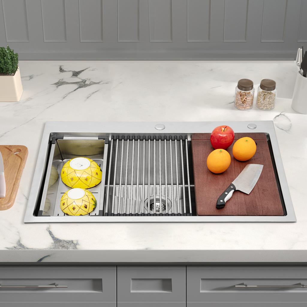 33In 304 Stainless Steel Kitchen Sink, Single Bowl Drop-In Sink with Accessories, Modern Design for Remodeling, Sink Workstation