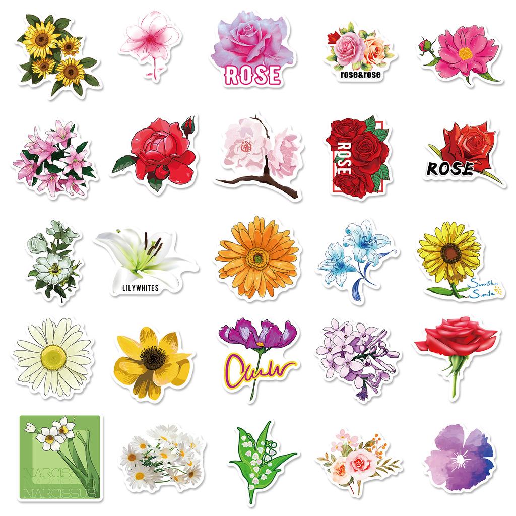 50 Flowers Series Stickers Literary Fresh Plant Flowers Graffiti Stickers Hand Account Diary Suitcase