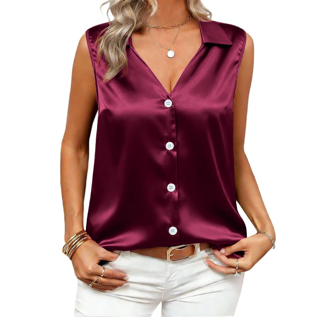 Women's Fashionable Casual Satin V-Neck Button-Down Sleeveless Loose-Fit Cardigan