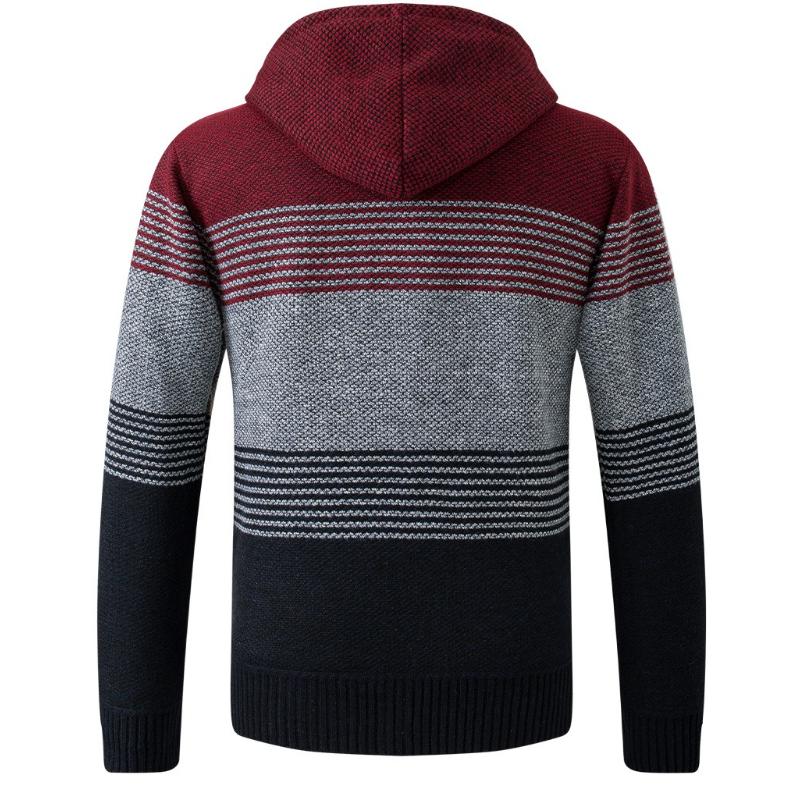 Men's Autumn Winter Striped Hooded Zipper Sweater Cardigans - Thick Color-Blocked Warm Knitwear for Casual Wear