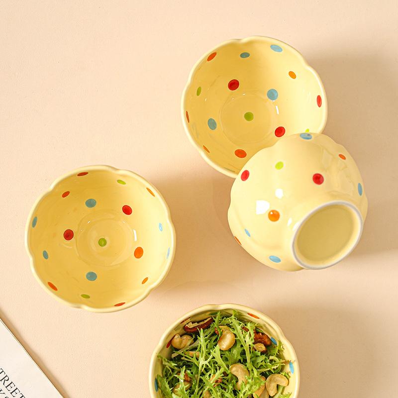 Cute Cream Color Dot Bowls Set Ins Style Rice Yogurt Soup Bowls for Home Kitchen Tableware