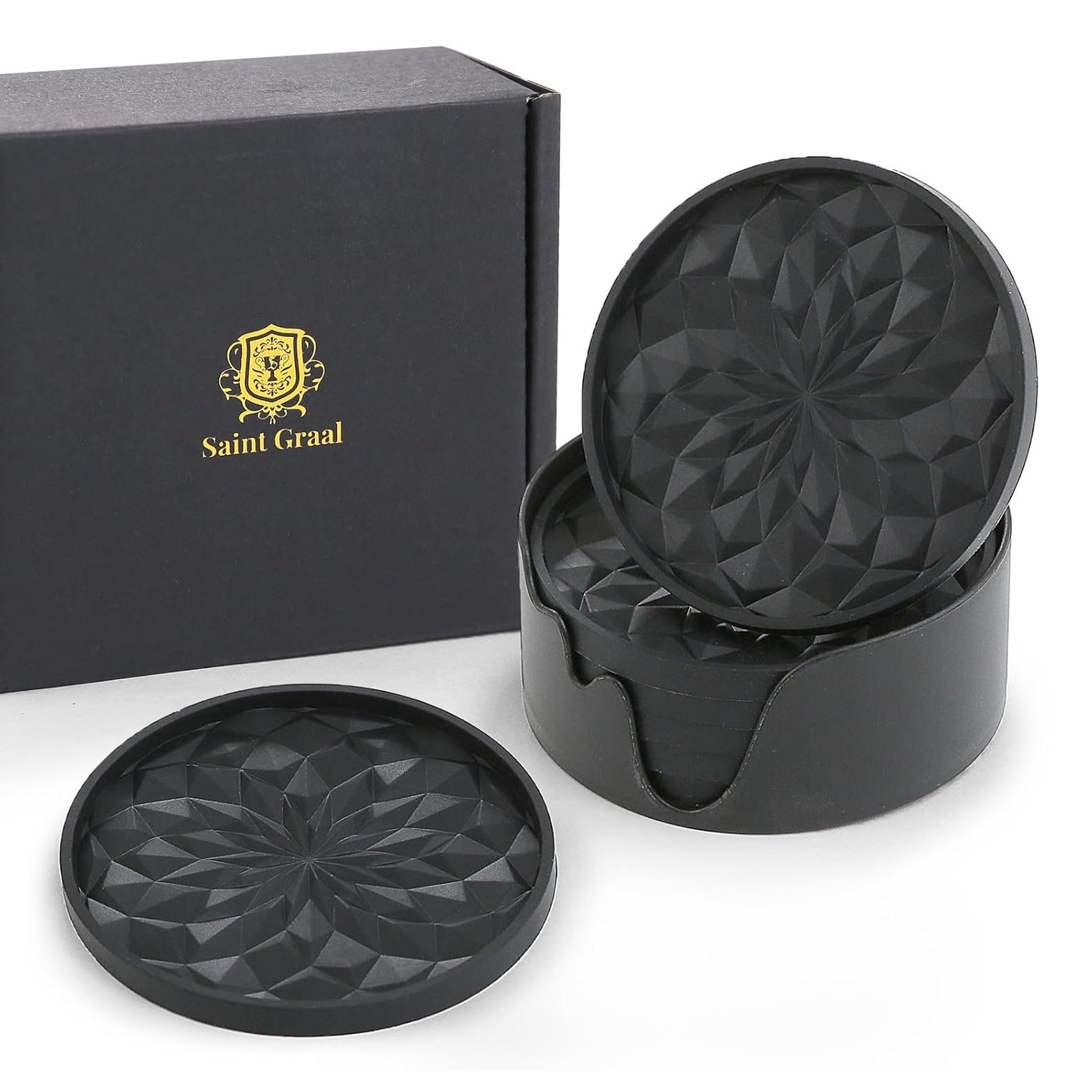 SaintGraal Coaster Non-Stick Stylish Waterproof Heat-Resistant Whiskey Glass Tumbler Round Alcohol Gift Birthday Fathers Day (Black)