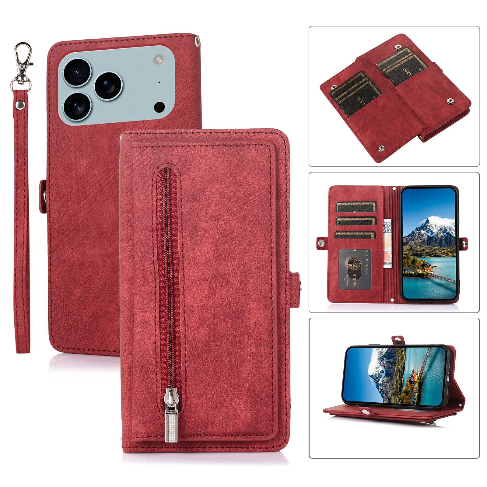 

For iPhone 17 Pro Max Case Zipper Pocket 9 Card Slots PU Leather Phone Cover with Wrist Strap Red