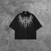 Dark-Style Thorn-Print Short-Sleeve Zipper Shirt: Streetwear Hip-Hop Oversized Unisex Top