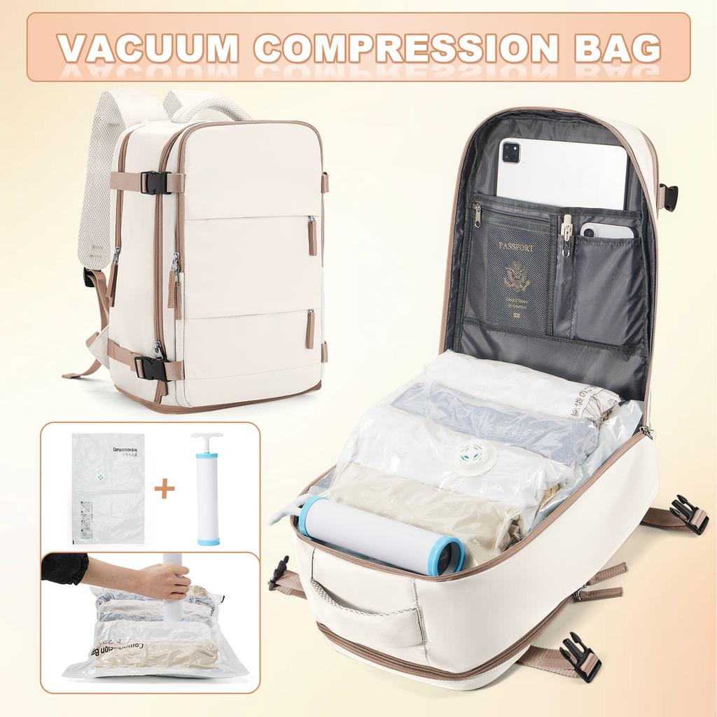 Ryanair 40x25x20 Reise-Rucksack Großes Fassungsvermögen Faltbare Wandertasche mit Vakuumbeuteln Manuelle Kompressionspumpe, Aufbewahrungsrucksack