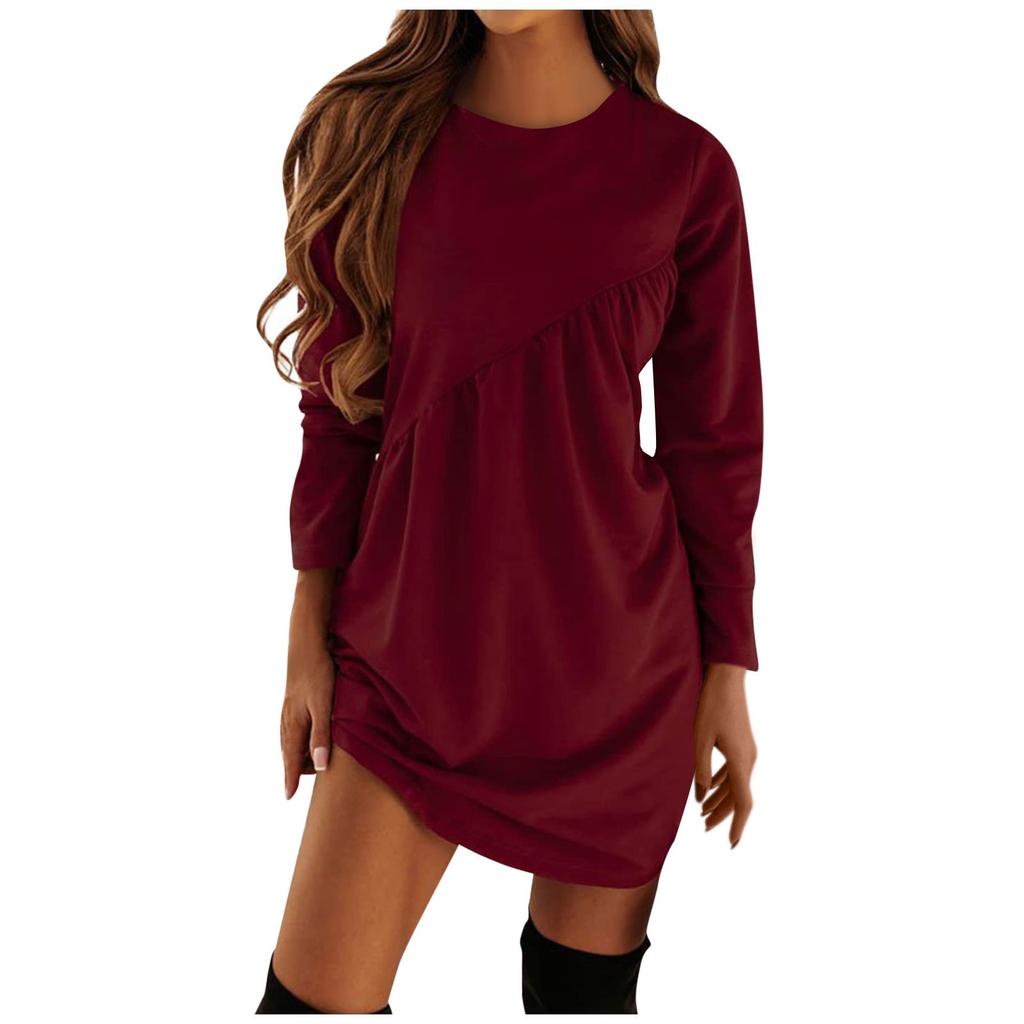 Women's Winter New Solid Color Long-sleeved Irregular Round Neck T-shirt Long Dress