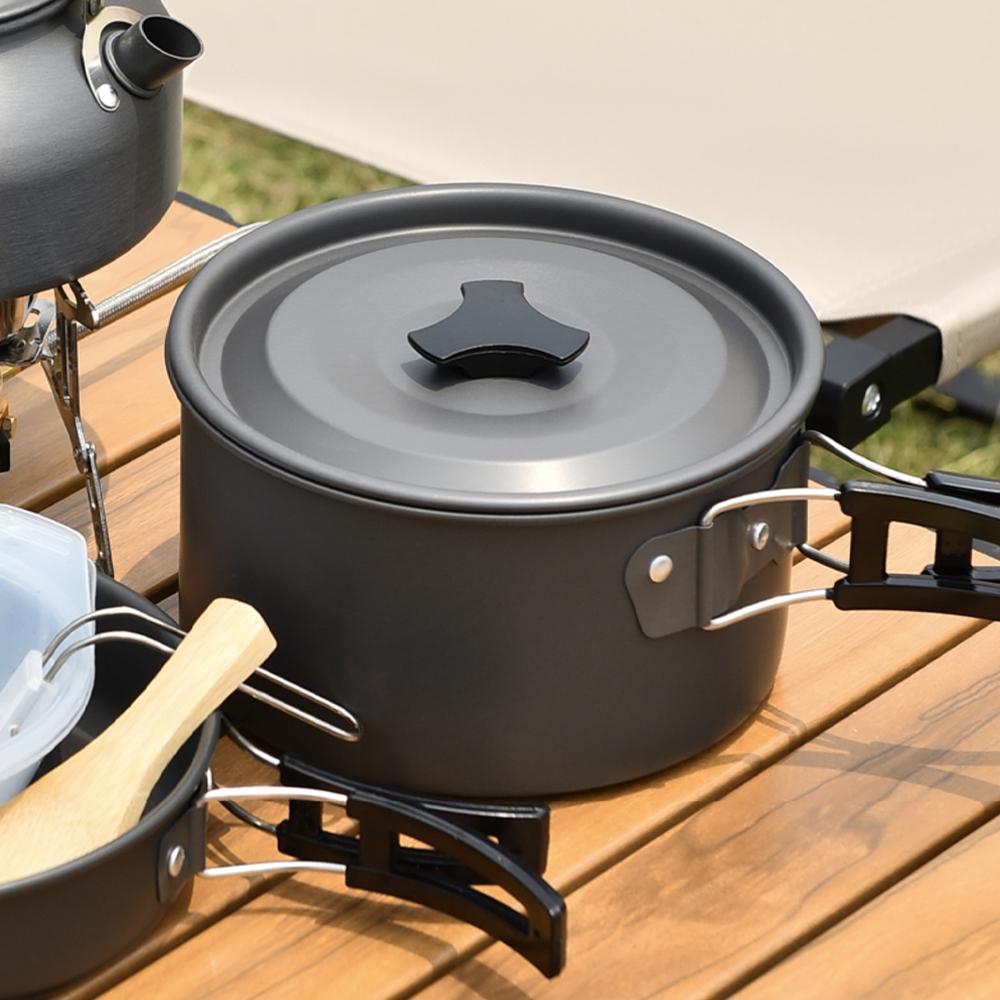15Pcs Hard Anodized Camping Cookware Set for 4-5 People, Portable Outdoor Combo Kit with Pot, Frying Pan, 1.2L Kettle & Tableware, Black Handles