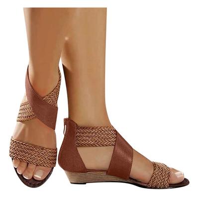 Sandals Women Plus Size Weave Wedge Heel Zipper Casual Beach Shoes Sandals Ladies Retro Wedge Girls Roman Shoes