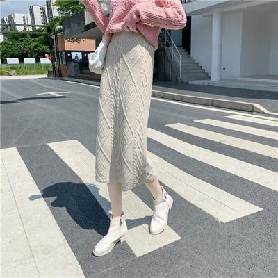 Lingge Fried Dough Twists Knitted Skirt In Winter with Sweaters New High Waist Thickened Mid Length Hip Wrapped Skirt Women
