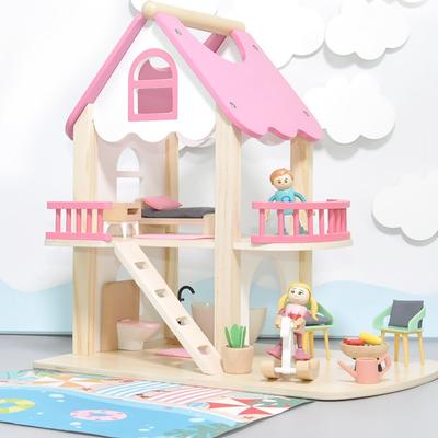 Bebé simulación rosa princesa muñeca habitación casa de juegos villa de doble capa casa de madera montaje DIY juguetes para padres e hijos
