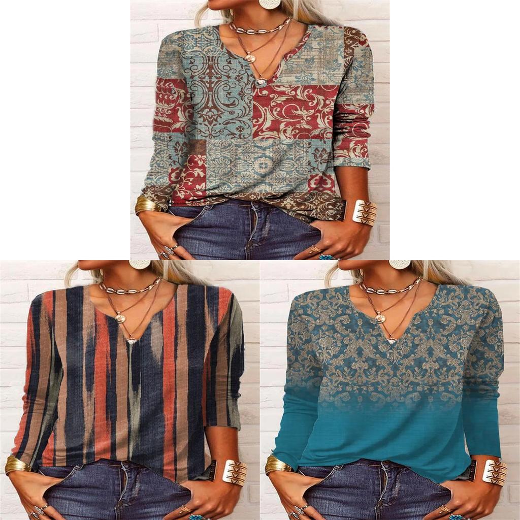 Wish Winter Women Long Sleeve Floral V Neck T Shirt With Digital Print For Casual Wear