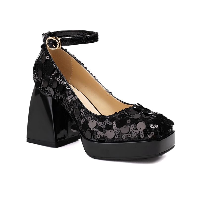 Fashion Women's New Spring and Autumn Square Head Sexy Nightclub Sequin Leather Waterproof Platform High Heel Elastic Belt Single Shoes