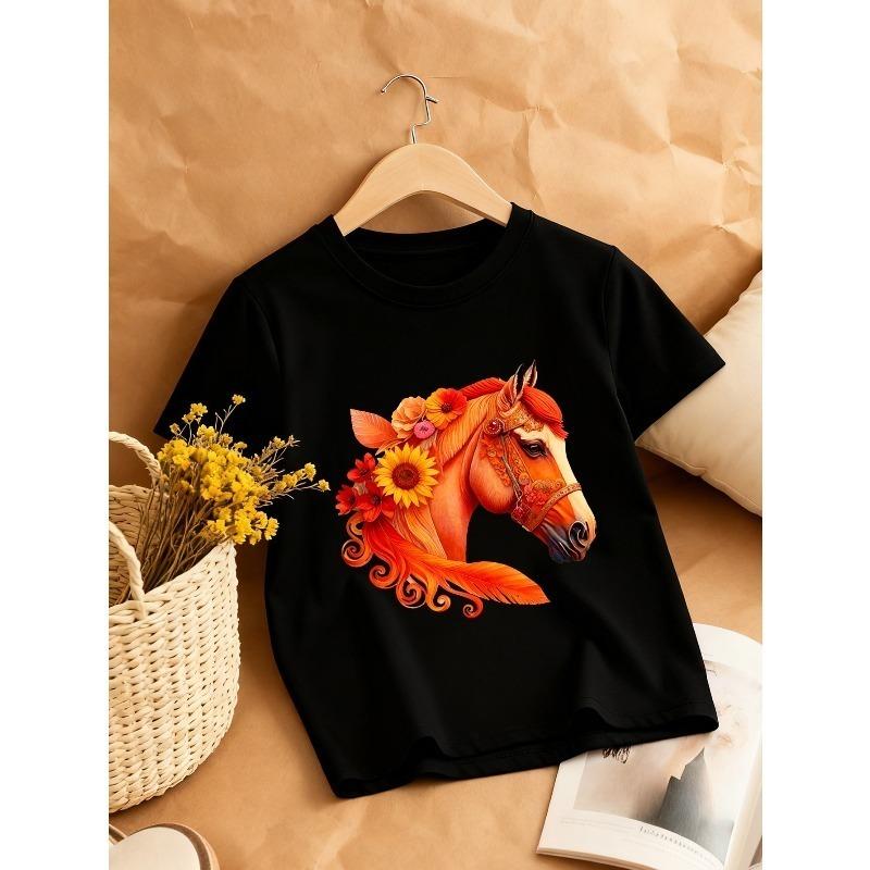 European sizes Girls' Sunflower & Horse Print Round Neck T-Shirt - Casual Summer Blouse Top with Sunflower & Equestrian