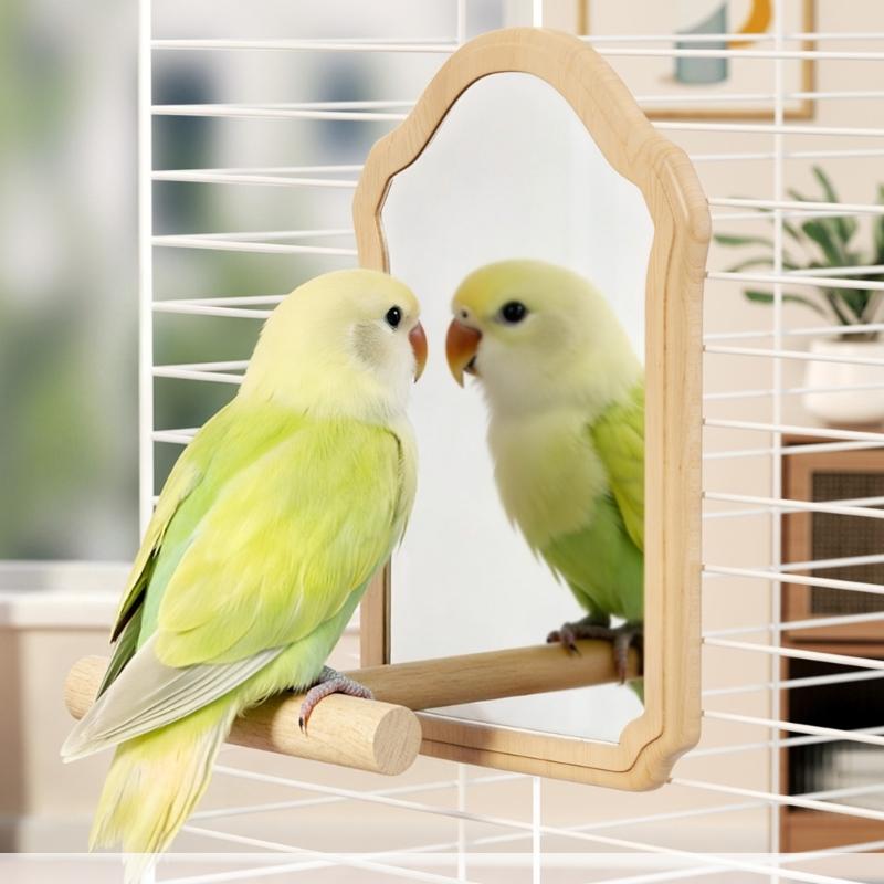 Parrots Mirror Perch Natural Wood Stand For Bird Cage With Safe Acrylic Mirror For Pet Bird Entertainment Play Resting