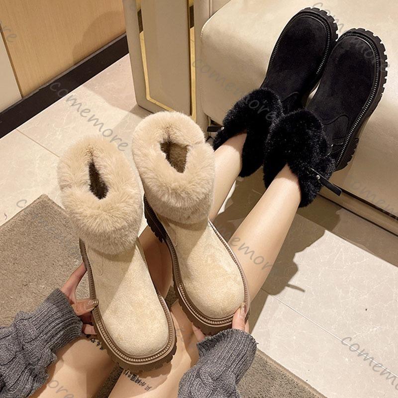 Comemore New Fur Short Thick Bottom Snow Boots Women Round Head Side Zipper Padded Warm Cotton Shoes Platorm Ankle Boots Women