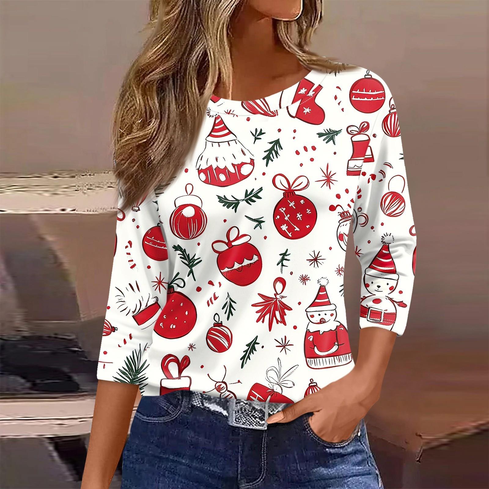 

Женская футболка с рождественским принтом, рукав 3/4, повседневная, модная, на выходные, базовая, с круглым вырезом, стандартный топ M белый