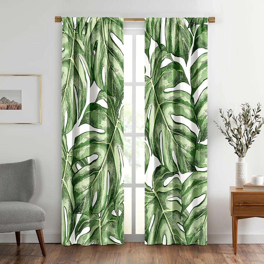 2PCS- Tropical leaf Hawaiian style pattern printed curtains, pole bag home decoration, room decoration