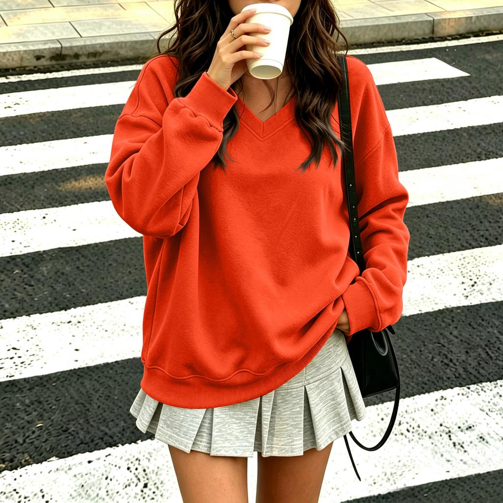 Women's V-Neck Long Sleeve Sweatshirt Color Casual Pullover for Everyday Wear