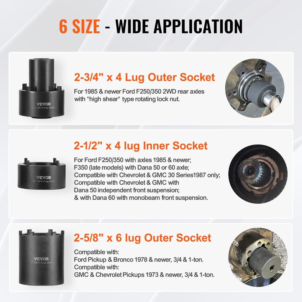 Spindle Nut Socket Tool Kit 1/2 inch Drive 6 Piece Axle Hub Nut Socket Set