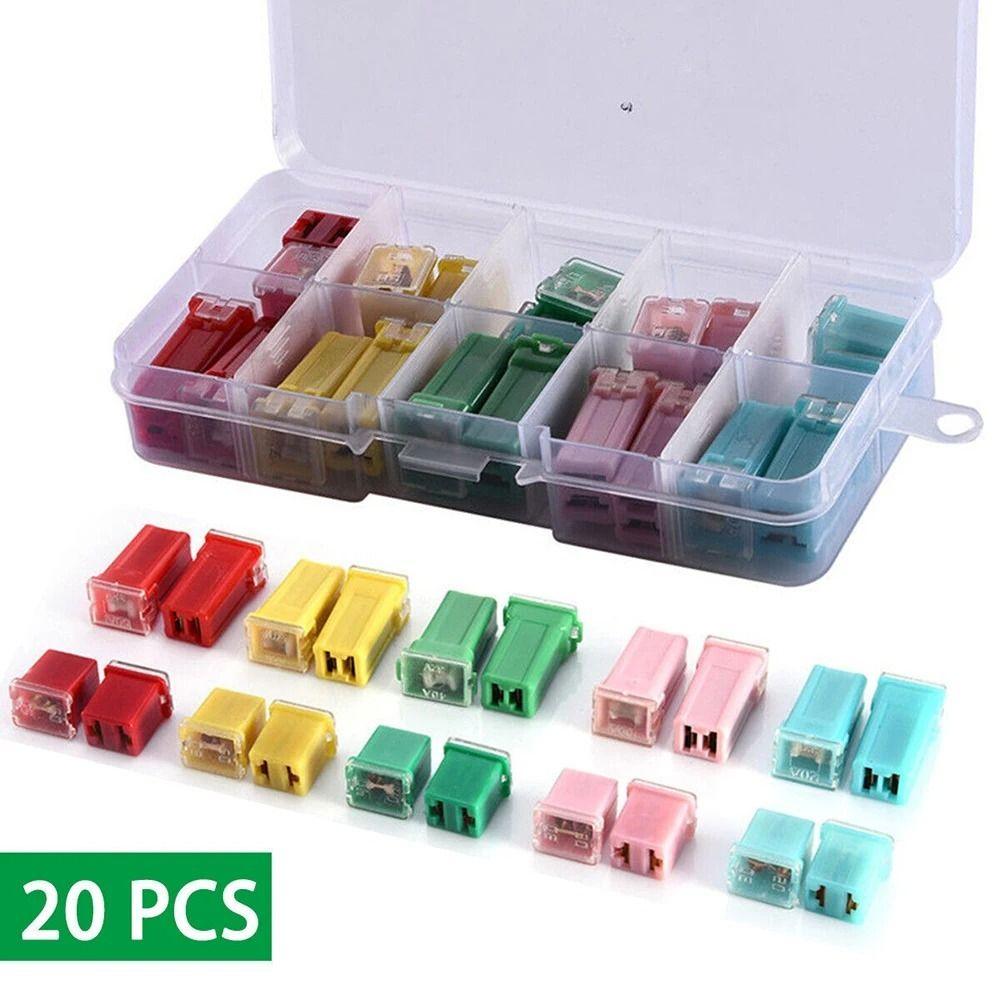 20Pcs Mini Size Car Fuse Kit Tall Low Profile Square Set Fuses 20-60A Case Box Fuse Kit Vehicle Use