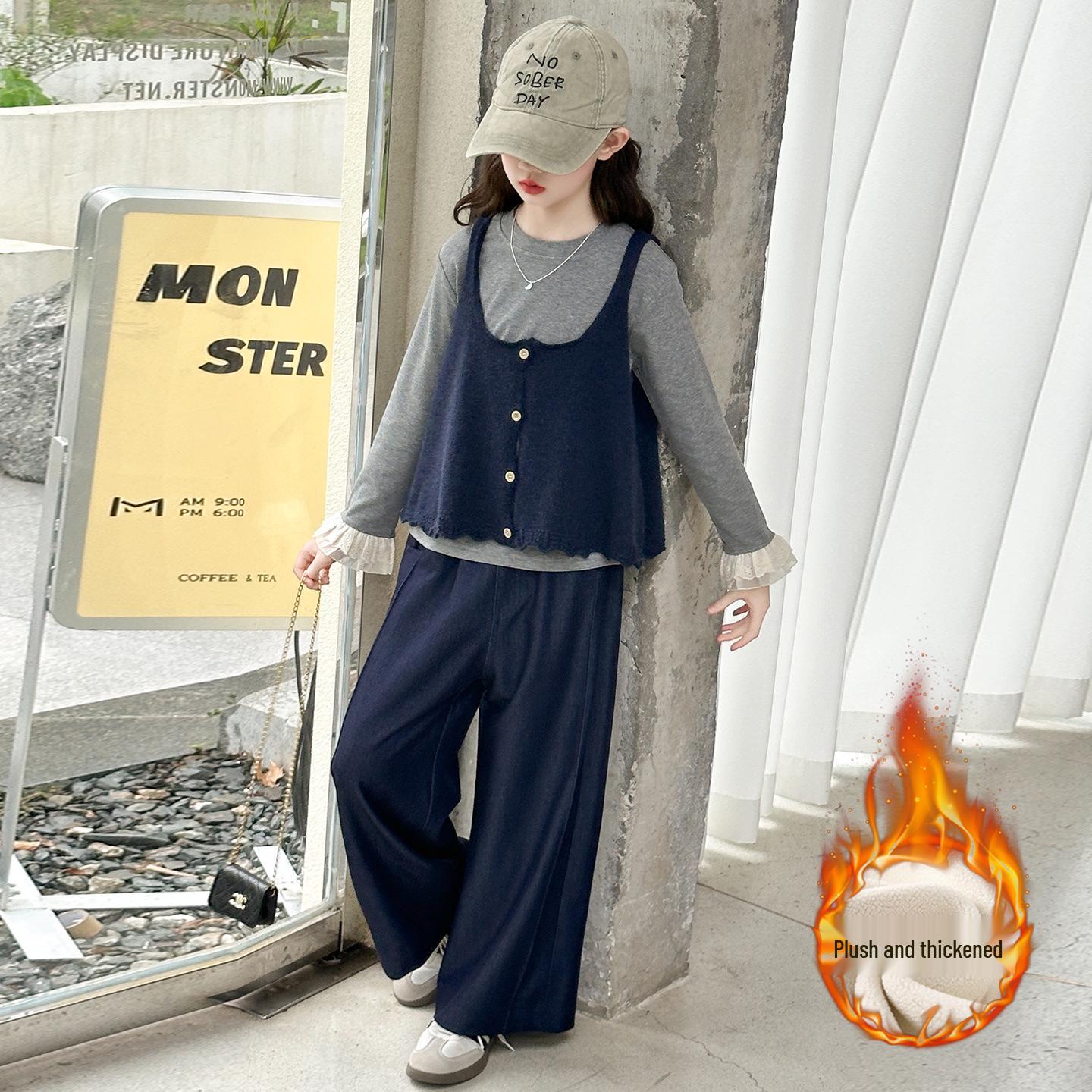 

Girls Autumn/Winter Korean Style Three-Piece Set: Camisole, Fashionable Plus Velvet Vest & Pants 170 cm
