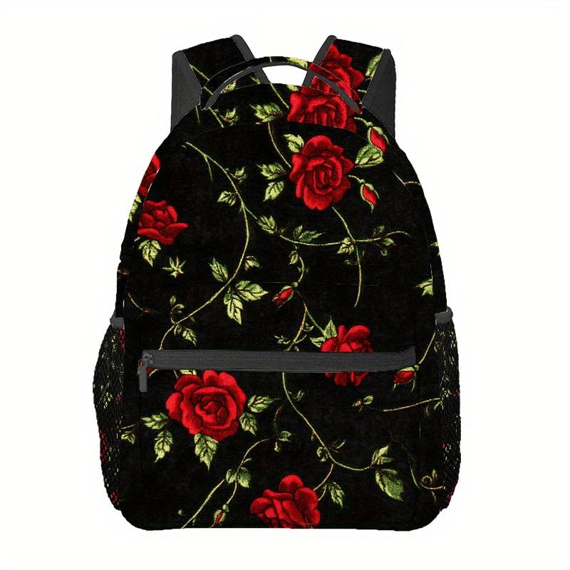 Elegante Zwarte Bloemige Rugzak met Roze Rozen - Lichtgewicht, Verstelbare Band, Ritssluiting, Duurzaam Polyester Materiaal - Idee