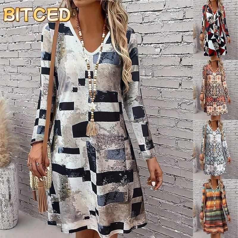 BITCED שמלות קז'ואל אופנתיות לסתיו-חורף עם שרוולים ארוכים ומחשוף V