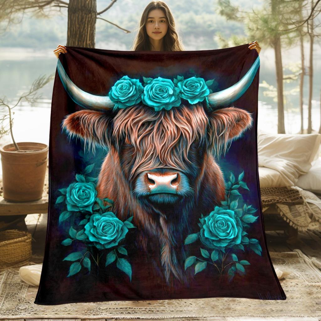 Custom Highland Cow Blanket Teal Rose Floral Design Name Fleece Throw All Season Soft Warm Bedding Home Decor Gift