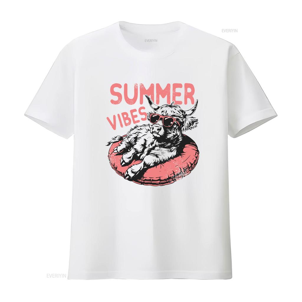 Summer Vibes T Shirt Highland Cow Design Retro Funny Beach Vintage Washed Comfortable Streetwear Unisex Breathable Slightly